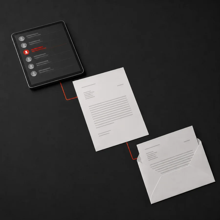 Empfängerdaten, personalisierter Brief und Couvert als Direct-Mailing-Ablauf